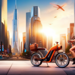 An image showcasing a bustling futuristic cityscape at sunset, adorned with vibrant neon signs and towering skyscrapers, while a sleek, high-tech electric bicycle with the Bionx logo rides triumphantly through the streets