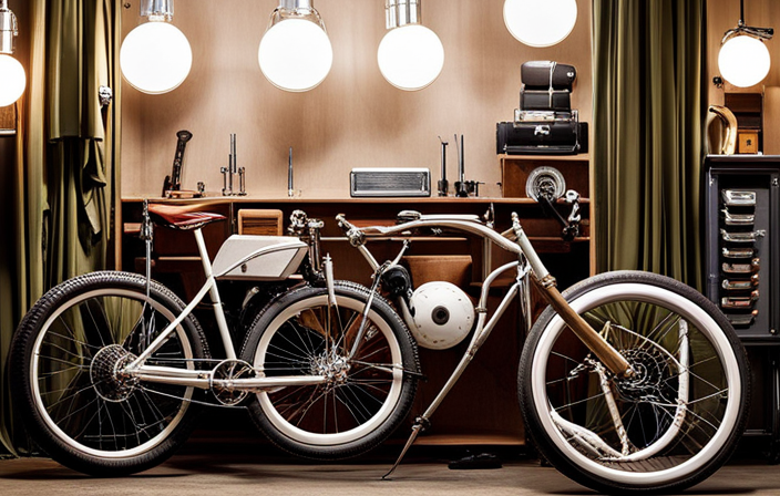 An image showcasing the genesis of the electric bike: a visionary inventor tinkering with components in a cluttered workshop, surrounded by discarded bicycle parts, wires, and tools, as a lightbulb moment illuminates their face