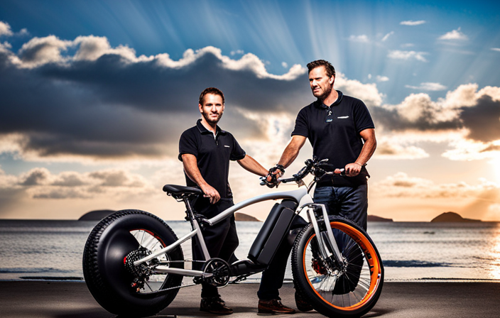 An image showcasing an electric bike conversion expert in Orange County: a skilled technician in a well-equipped workshop, meticulously installing an electric motor onto a sleek bicycle frame, surrounded by a variety of specialized tools and spare parts