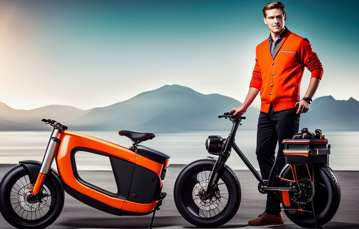 An image showcasing the intricate workings of a Jetson Adventure Electric Bike, with a skilled technician in a bright orange uniform diligently repairing its sleek frame, while a toolbox filled with specialized tools sits nearby