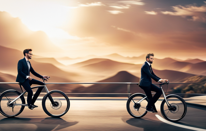 An image showcasing two sleek electric bikes side by side, zooming down a winding mountain road
