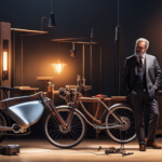 An image showcasing a dimly lit workshop with scattered tools and blueprints, where an inventor, deep in thought, welds together the first prototype of an electric bike, surrounded by a faint glow of copper wires and batteries
