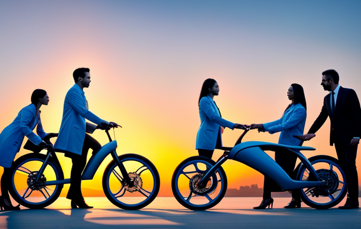 An image showcasing a group of engineers, clad in vibrant blue lab coats, huddled around a sleek prototype of a General Motors electric bike