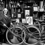 An image showcasing a black-and-white photograph of a 19th-century inventor in a cluttered workshop, surrounded by wires, batteries, and mechanical components, passionately tinkering to construct the world's first electric bicycle