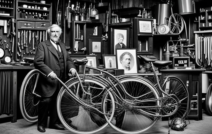 An image showcasing a black-and-white photograph of a 19th-century inventor in a cluttered workshop, surrounded by wires, batteries, and mechanical components, passionately tinkering to construct the world's first electric bicycle