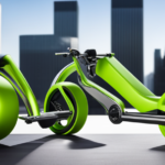 An image showcasing a sleek and modern mini bike with a vibrant lime green frame, adorned with a powerful gas engine and a compact electric motor seamlessly integrated into its design