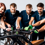 An image showcasing a diverse group of individuals, each wearing different attire and wielding various tools, collaborating in a workshop to assemble electric bike kits