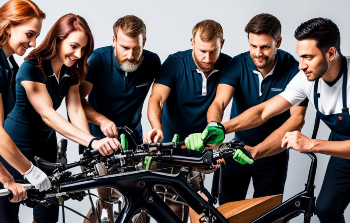 An image showcasing a diverse group of individuals, each wearing different attire and wielding various tools, collaborating in a workshop to assemble electric bike kits