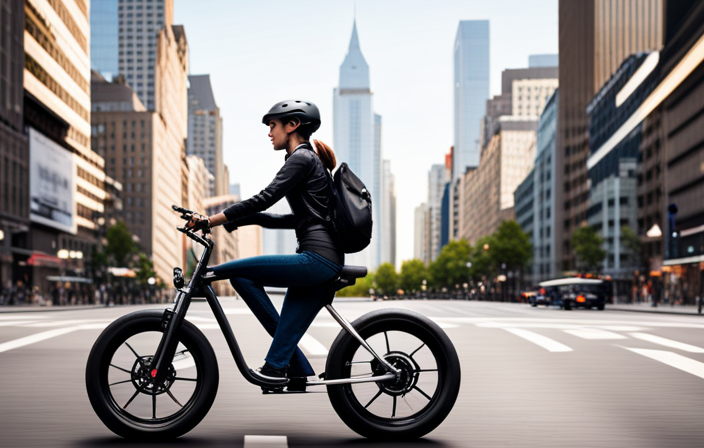 An image capturing a bustling urban street, lined with a variety of sleek and vibrant electric bikes