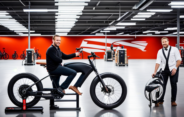 An image showcasing a skilled team of engineers and craftsmen, meticulously assembling the Victory Electric Bike with precision tools and cutting-edge technology, under the glow of bright overhead lights in a modern, state-of-the-art manufacturing facility