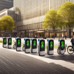 An image featuring a bustling city street with a row of sleek, branded electric bike share stations