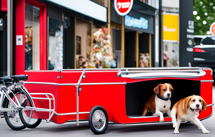 An image capturing a bustling pet store with a wide range of dog bike trailers on display