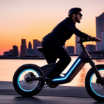 An image showcasing a person riding a sleek, high-end electric bike through a vibrant cityscape at dusk