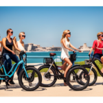 An image showcasing a diverse group of riders, ranging from urban commuters to adventurous outdoor enthusiasts, all smiling and enjoying themselves on Pedego electric bikes