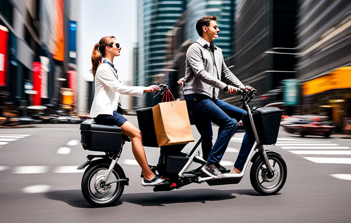 An image that showcases a person effortlessly maneuvering through a bustling city street on an electric bike, effortlessly carrying multiple shopping bags securely attached to the bike's sturdy front-mounted cargo rack
