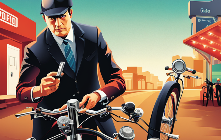 An image showcasing an electric bike rider examining the bike's battery and connecting wires, with a puzzled expression