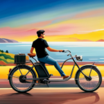 An image showcasing a person effortlessly cruising along a scenic coastal road on an electric bike, with the wind gently tousling their hair, as the bike's sleek design and eco-friendly features captivate onlookers