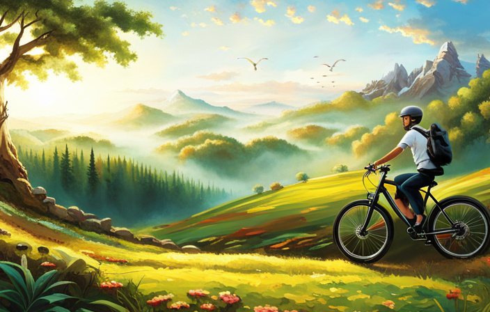 An image showcasing a rider on an electric bike gliding effortlessly up a steep hill, with a backdrop of serene nature, highlighting the bike's power, efficiency, and eco-friendly nature