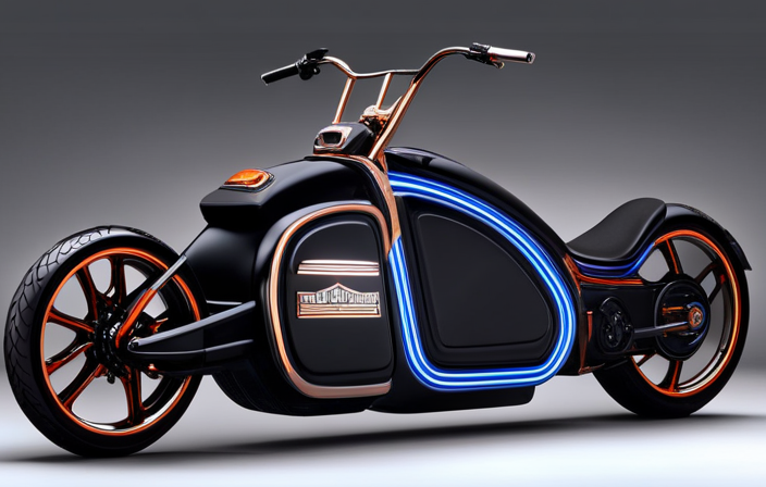An image showcasing a sleek, futuristic Harley-Davidson electric bike, surrounded by a bustling cityscape