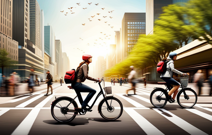 An image featuring a vibrant urban landscape with people effortlessly gliding on electric bikes, showcasing their eco-friendly nature, enhanced speed, and convenience, highlighting the necessity of electric bikes in our modern city life