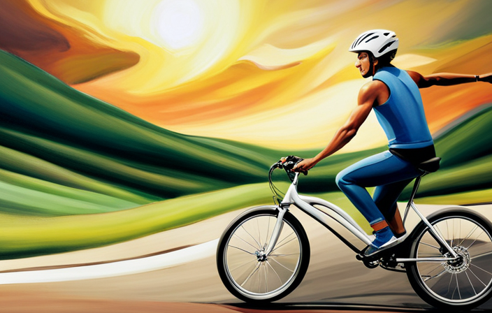 An image showcasing a person effortlessly gliding on an electric bike, their legs engaged in a fluid pedaling motion