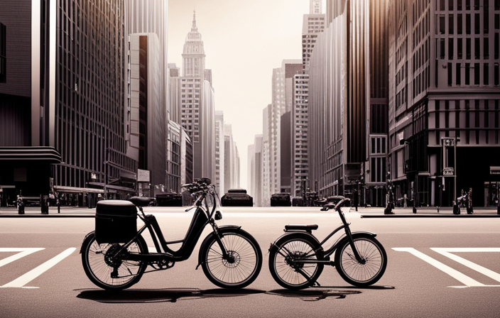 An image capturing the frustration of an individual on their electric bike, with a dead battery, as they desperately press the power button, the bike remaining lifeless against a backdrop of a vibrant city street