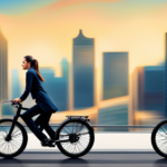 An image showcasing an electric bike effortlessly zooming past a bustling cityscape, with blurred lights and wind-swept hair, symbolizing the thrilling top speed potential