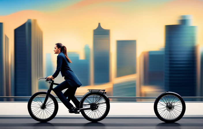 An image showcasing an electric bike effortlessly zooming past a bustling cityscape, with blurred lights and wind-swept hair, symbolizing the thrilling top speed potential