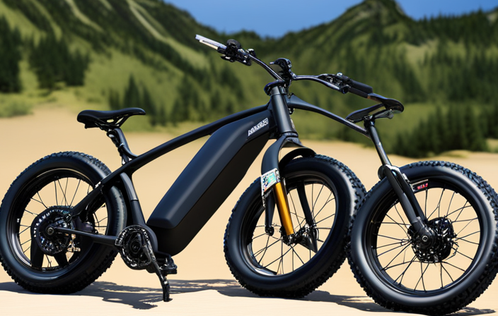 An image showcasing a rugged electric bike fitted with fat tires, effortlessly gliding through diverse terrains such as sandy beaches, rocky trails, and snowy slopes