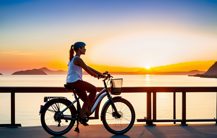 An image showcasing a joyful rider effortlessly cruising along a scenic coastal road on a Pedego electric bike, with the sun setting over the ocean, casting a warm, golden glow on the scene