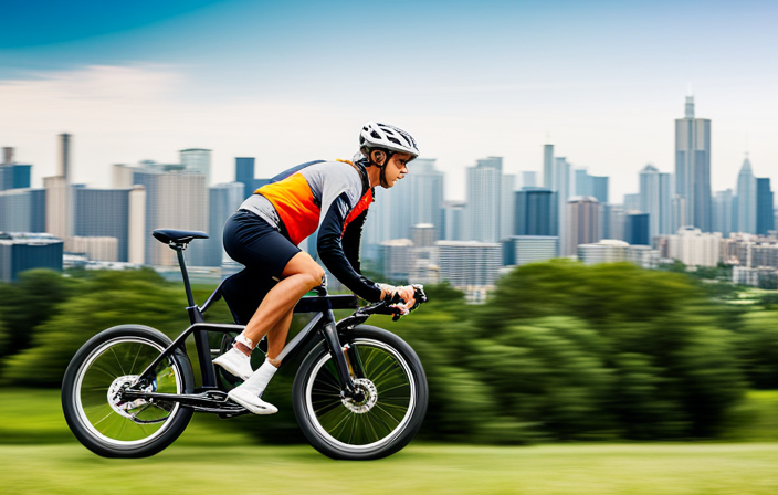 An image showcasing a cyclist effortlessly gliding up a steep hill on an electric bike, surrounded by lush greenery, with a backdrop of a bustling city skyline, highlighting the convenience and eco-friendly benefits of owning an electric bike