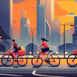 An image showcasing a futuristic cityscape with bustling streets filled with cyclists riding sleek, electrified bikes