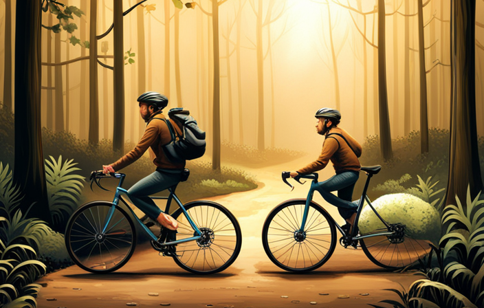 An image capturing the frustration of a cyclist as their electric bike abruptly stops amidst a serene forest trail, leaving them puzzled with a bewildered expression and a perplexed hand on the handlebar