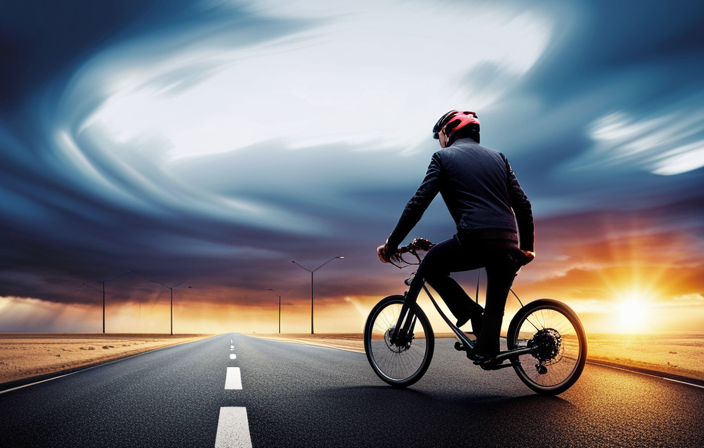 An image of a frustrated electric bike rider on a deserted road, struggling to pedal against the wind as their bike's battery drains, with a gloomy sky and a fading sun in the background