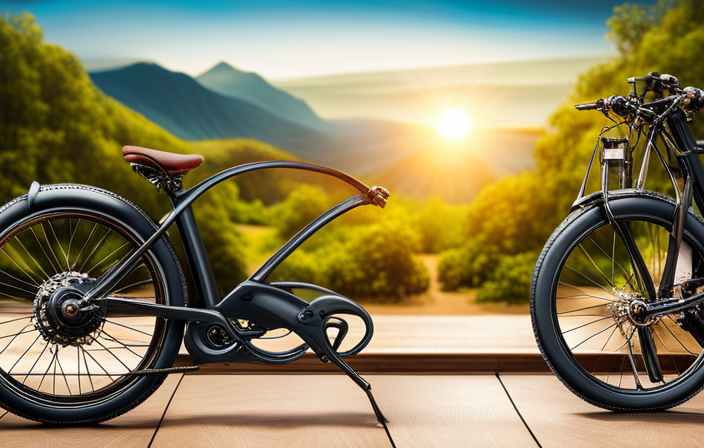 An image showcasing an electric bike in a serene natural setting, with a close-up shot of its chain and gears, revealing oil stains and rust, accompanied by a blurred background of beautiful scenery
