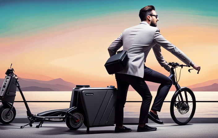 An image showcasing a frustrated rider standing next to their non-functioning Jetson Electric Bike, with a puzzled expression on their face and a toolbox lying open on the ground nearby