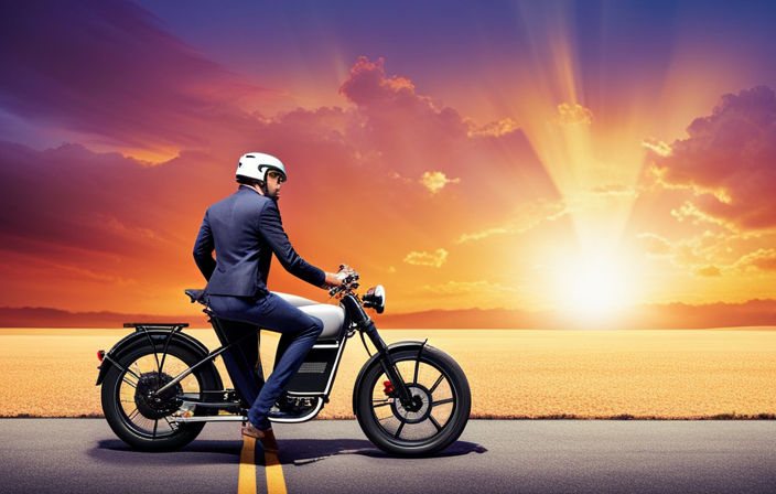 An image showing an individual on an electric bike, frustratedly pressing the power button, while a dead battery symbol on the bike's display contrasts against a vibrant backdrop of a sunny, open road