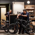 An image capturing the frustration of a person standing next to their electric bike, with a puzzled expression and hands gesturing towards the bike's tangled wires, while a dimly lit workshop and scattered tools surround them