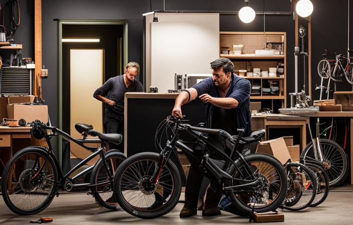 An image capturing the frustration of a person standing next to their electric bike, with a puzzled expression and hands gesturing towards the bike's tangled wires, while a dimly lit workshop and scattered tools surround them