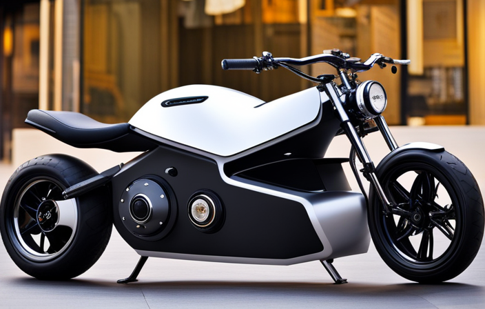 An image showcasing a sleek mini pit bike, with dual power sources visibly integrated: an electric motor and a gas engine
