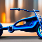 An image showcasing a mini pit bike with a split frame, one side emitting vibrant electric blue energy, while the other exudes a fiery orange glow