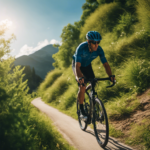 An image showcasing a cyclist pedaling uphill on a scenic mountain trail with a hybrid bike