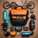 An image showcasing a vibrant, organized bike bag filled with must-have essentials for hybrid bike riders: a multitool, water bottle, spare tube, bike lights, helmet, lock, energy bars, mini pump, reflective vest, and a map