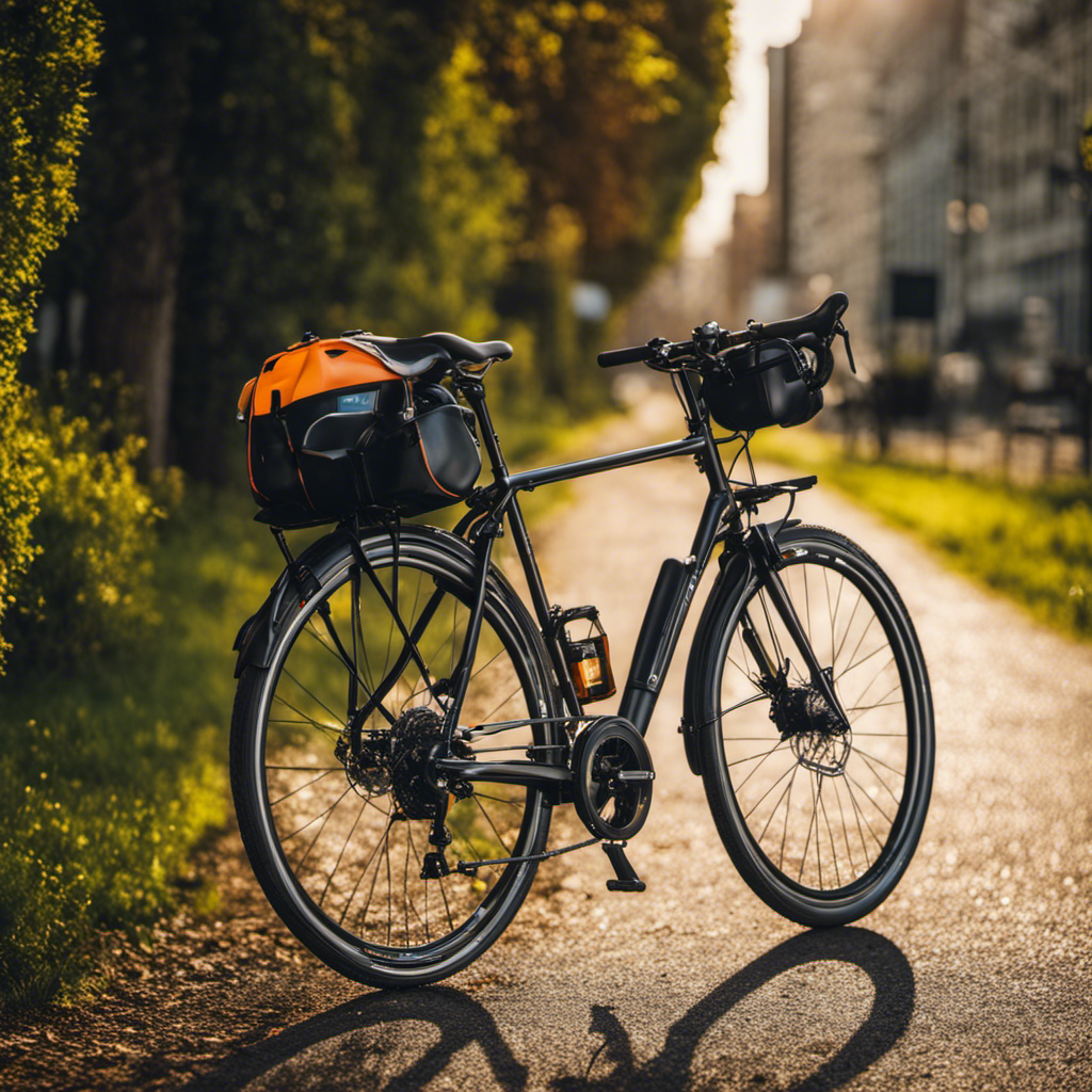 an image of a sleek, urban commuter hybrid bike, adorned with a sturdy rear rack for panniers, a powerful front light, ergonomic grips, puncture-resistant tires, fenders, a comfortable saddle, and a sleek water bottle holder