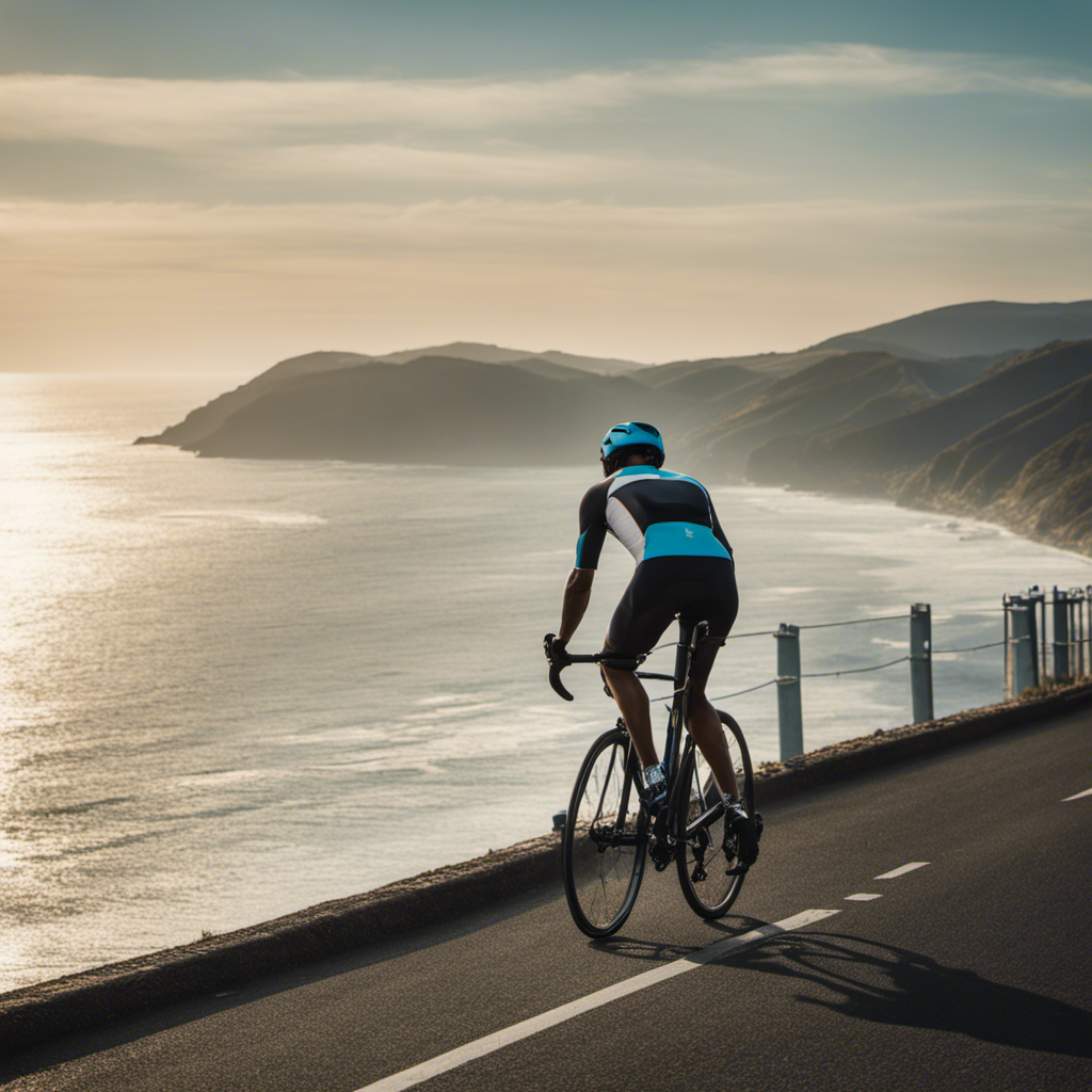 An image showcasing a cyclist effortlessly gliding along a scenic coastal road on a sleek hybrid bike, exuding comfort and speed