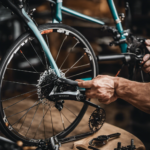 An image showcasing a well-maintained hybrid bike, with a close-up of a mechanic's hand delicately adjusting the derailleur, while in the background, an array of tools and bike parts are neatly organized on a workbench