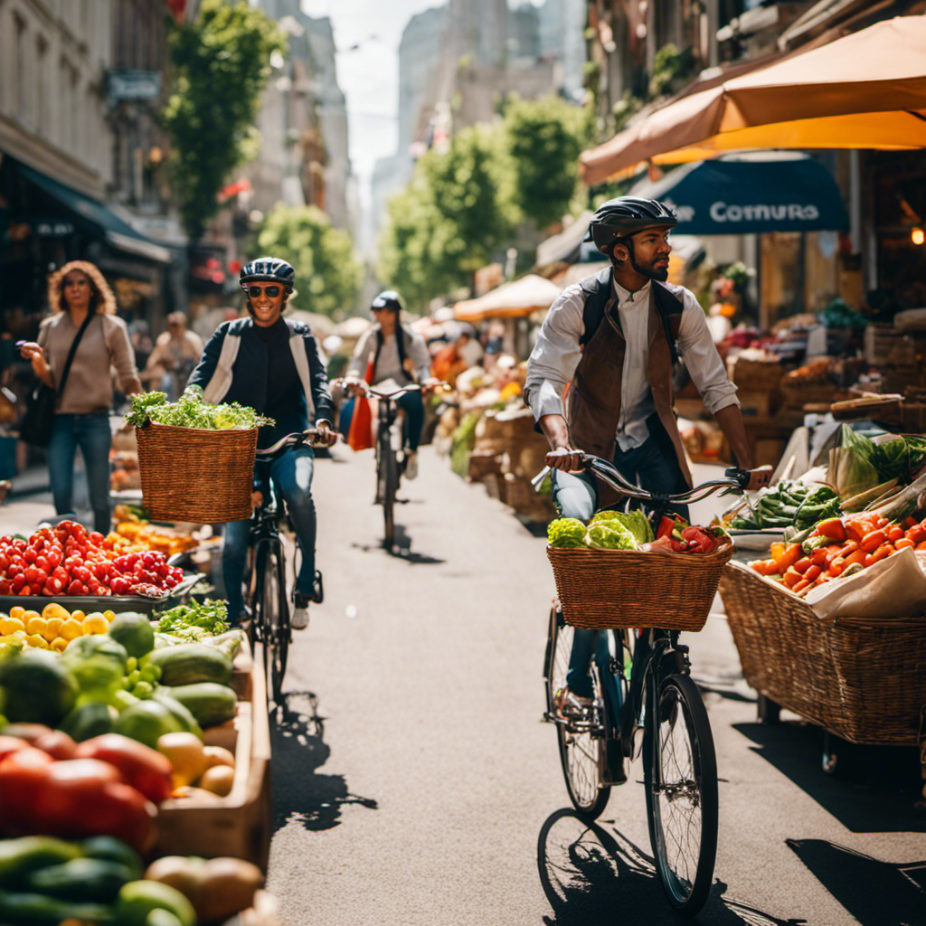An image that showcases a vibrant city street, with a diverse group of people effortlessly riding hybrid bikes, their eco-friendly features evident - sleek frames, solar-powered lights, and baskets full of fresh produce