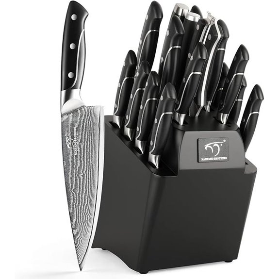 Damascus Kitchen Knife Set with Wooden Block
