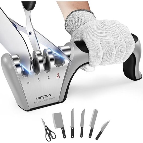 Longzon 4-in-1 Knife Sharpener with Safety Gloves